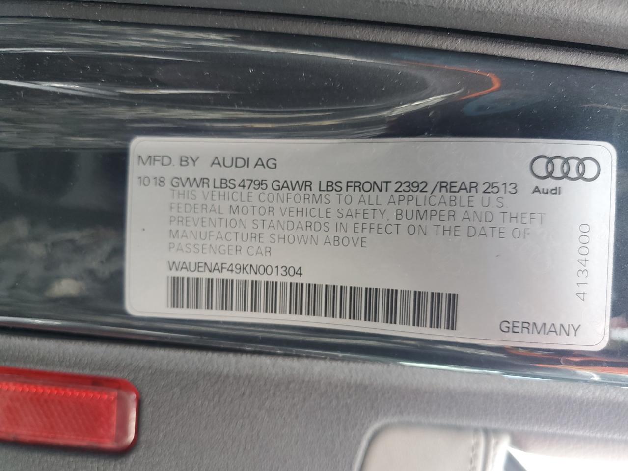 2019 Audi A4 Premium Plus VIN: WAUENAF49KN001304 Lot: 70048505