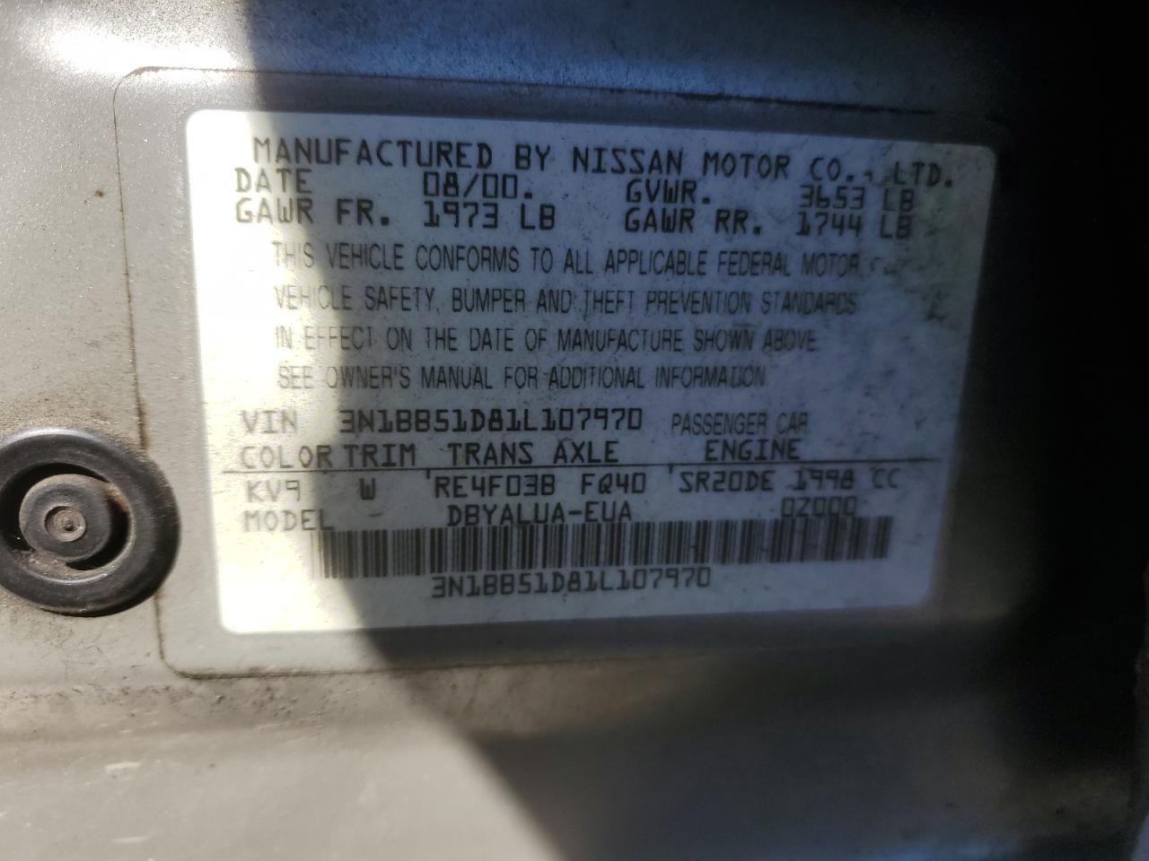 2001 Nissan Sentra Se VIN: 3N1BB51D81L107970 Lot: 69771145