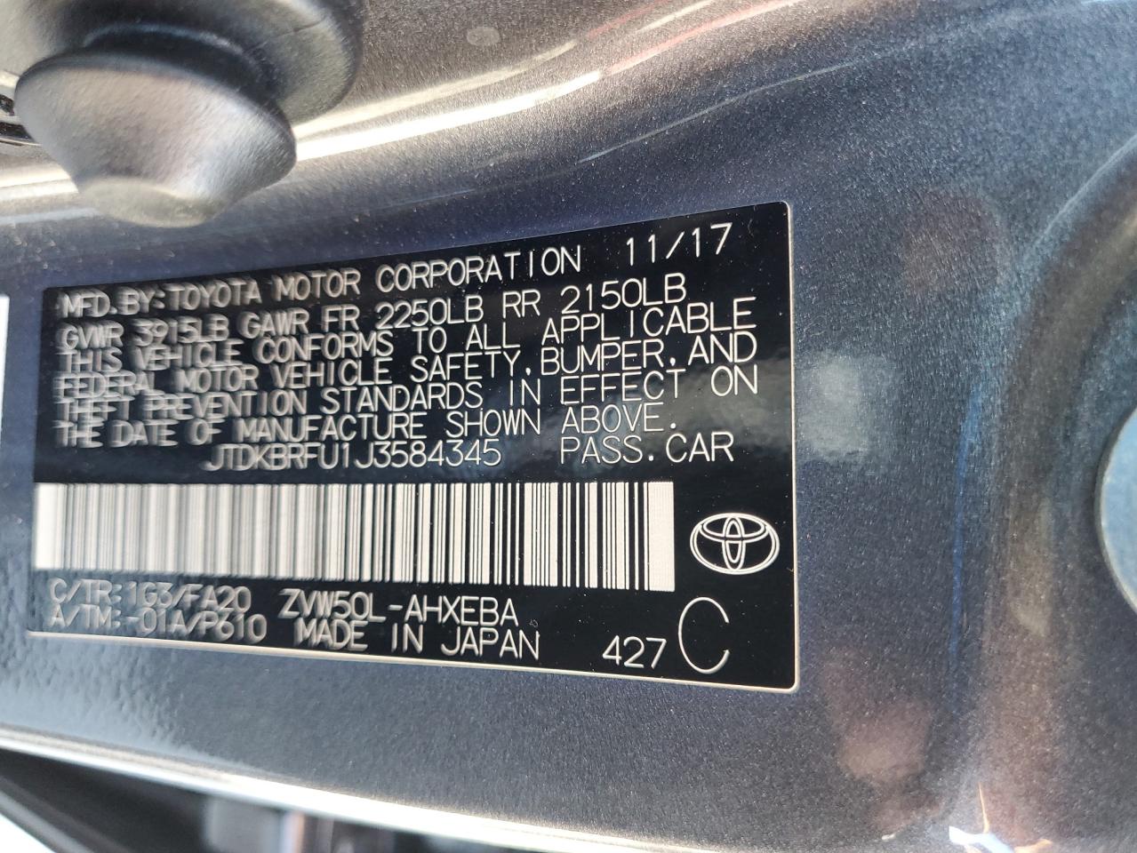 2018 Toyota Prius VIN: JTDKBRFU1J3584345 Lot: 69701125