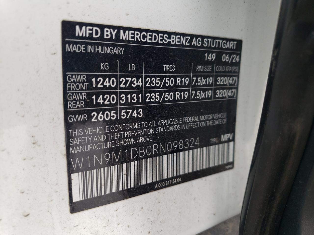 2024 Mercedes-Benz Eqb 350 4Matic VIN: W1N9M1DB0RN098324 Lot: 68393325