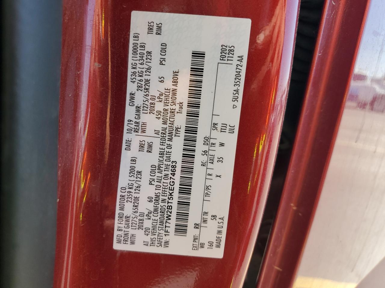 2019 Ford F250 Super Duty VIN: 1FT7W2BT5KEG74683 Lot: 71689735