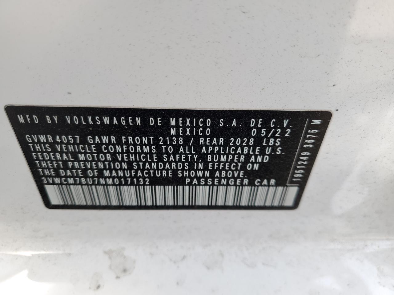 2022 Volkswagen Jetta S VIN: 3VWCM7BU7NM017132 Lot: 70862185