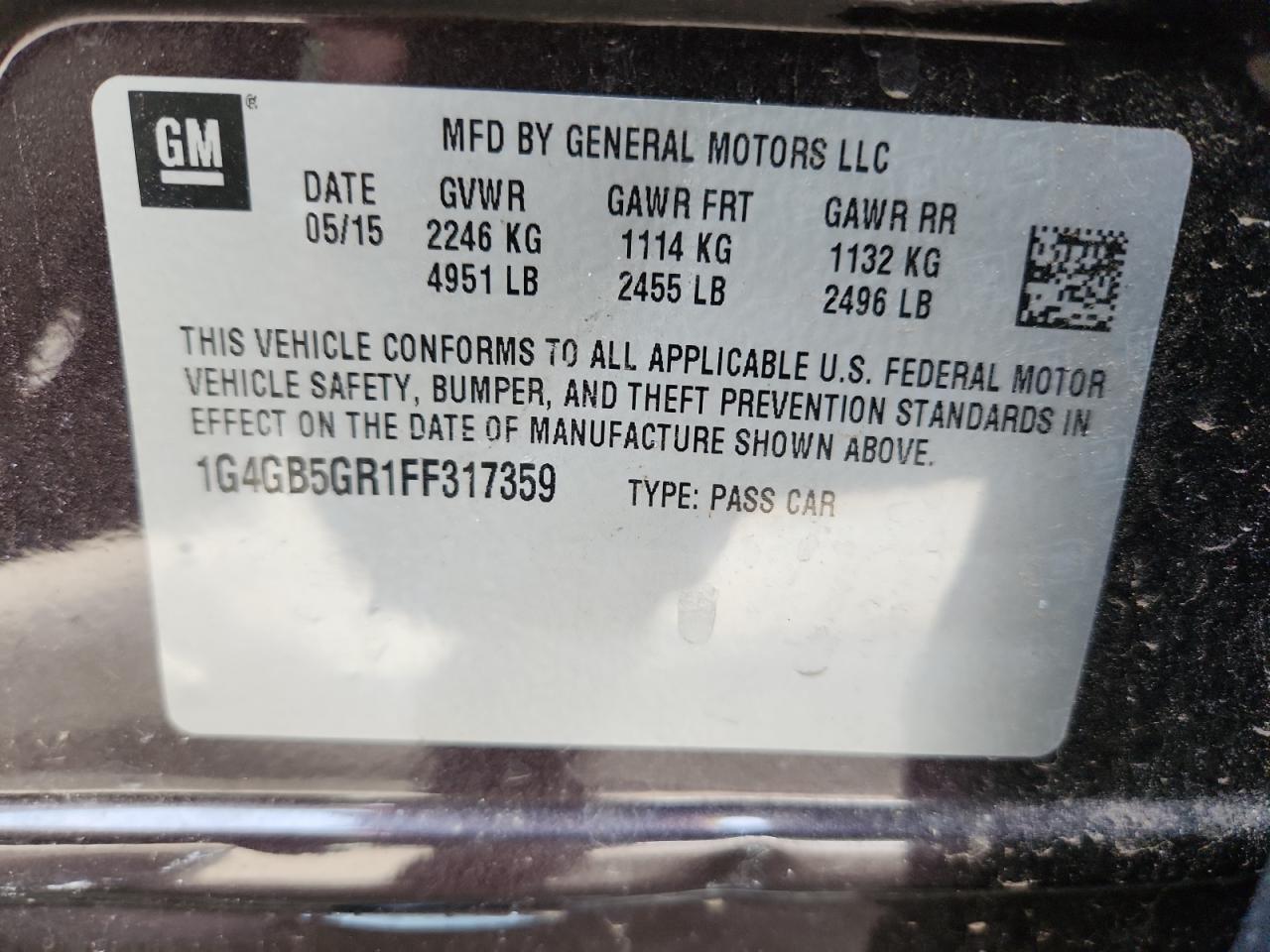 2015 Buick Lacrosse VIN: 1G4GB5GR1FF317359 Lot: 70636765