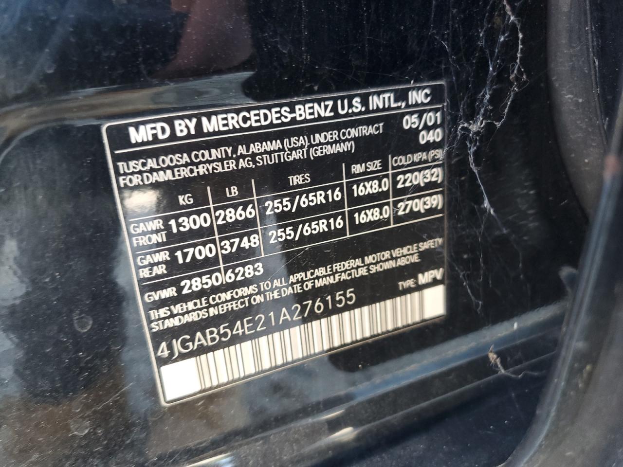 2001 Mercedes-Benz Ml 320 VIN: 4JGAB54E21A276155 Lot: 67730145