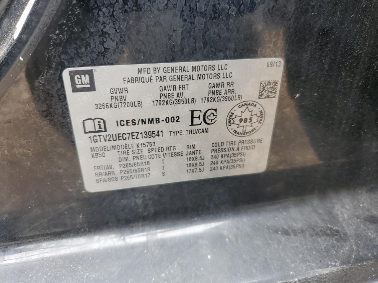 2014 GMC Sierra K1500 Sle VIN: 1GTV2UEC7EZ139541 Lot: 67788025