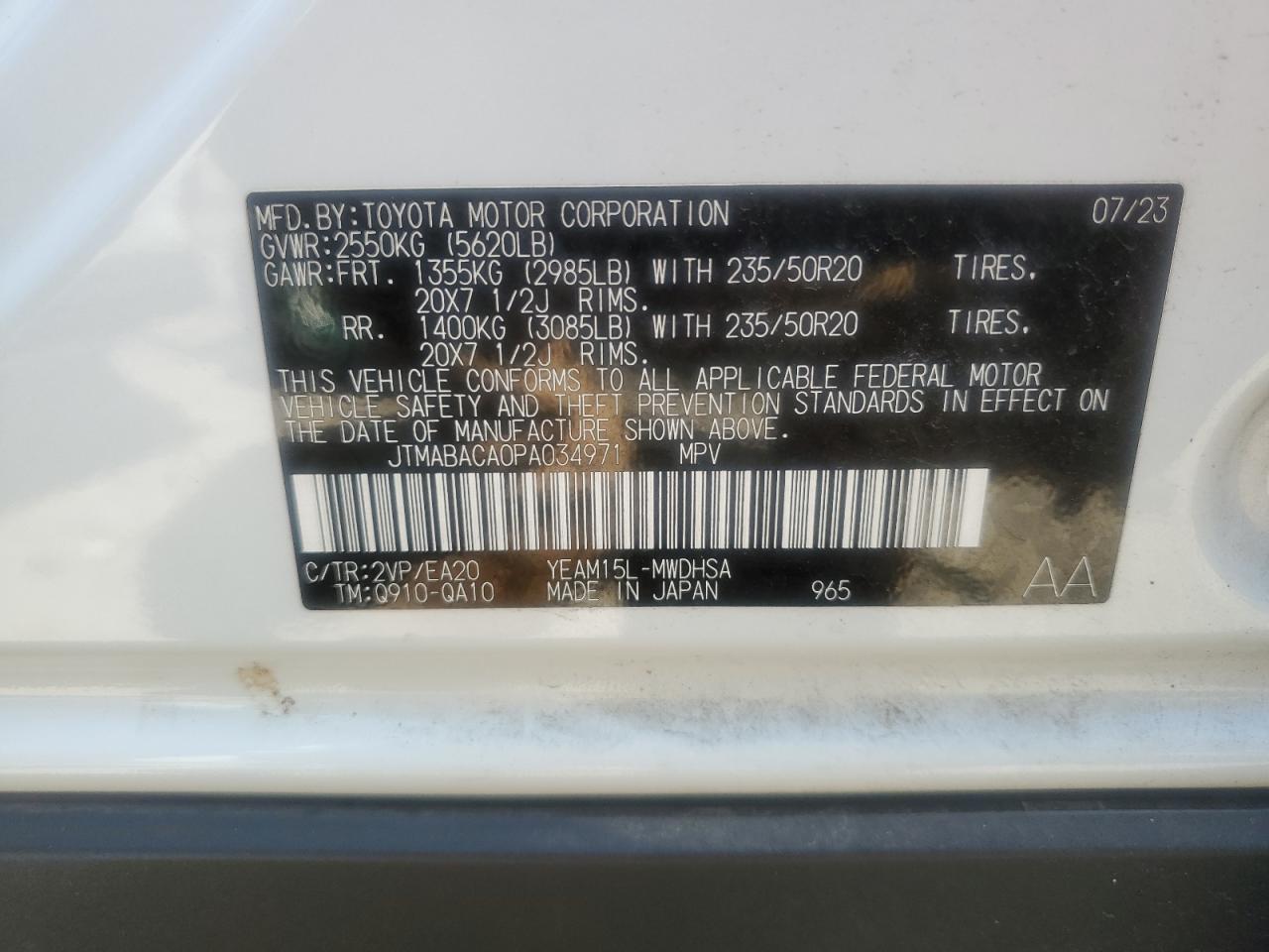 2023 Toyota Bz4X Xle VIN: JTMABACA0PA034971 Lot: 68838695