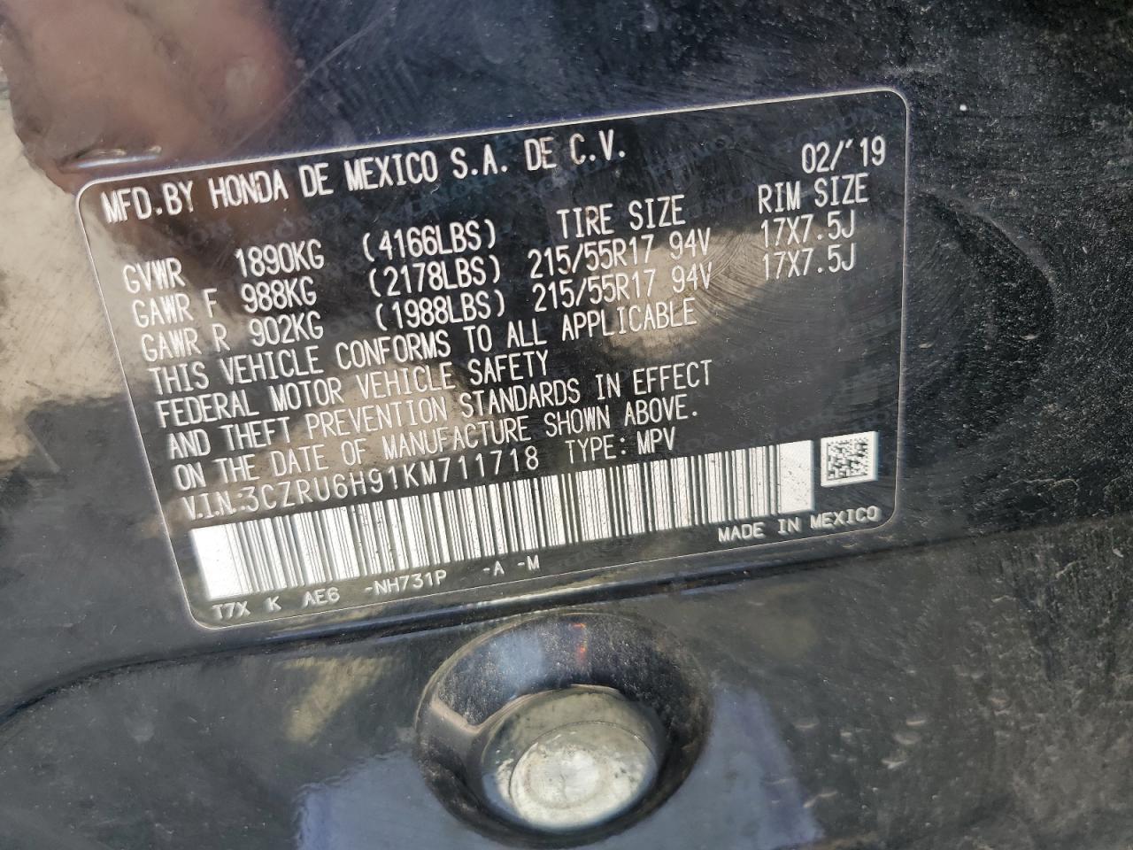 2019 Honda Hr-V Touring VIN: 3CZRU6H91KM711718 Lot: 70421575