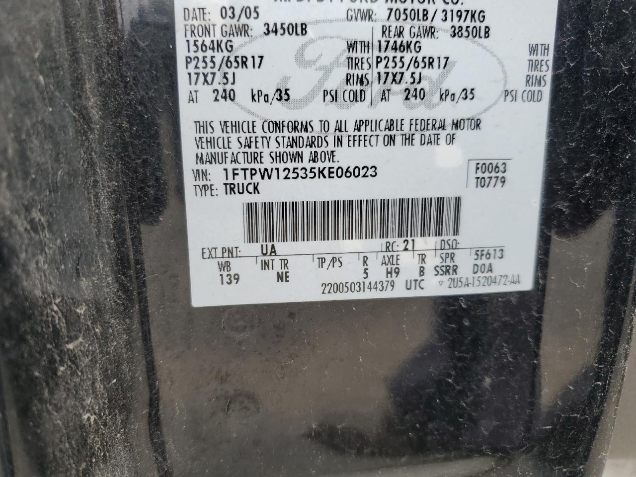 2005 Ford F150 Supercrew VIN: 1FTPW12535KE06023 Lot: 67806995