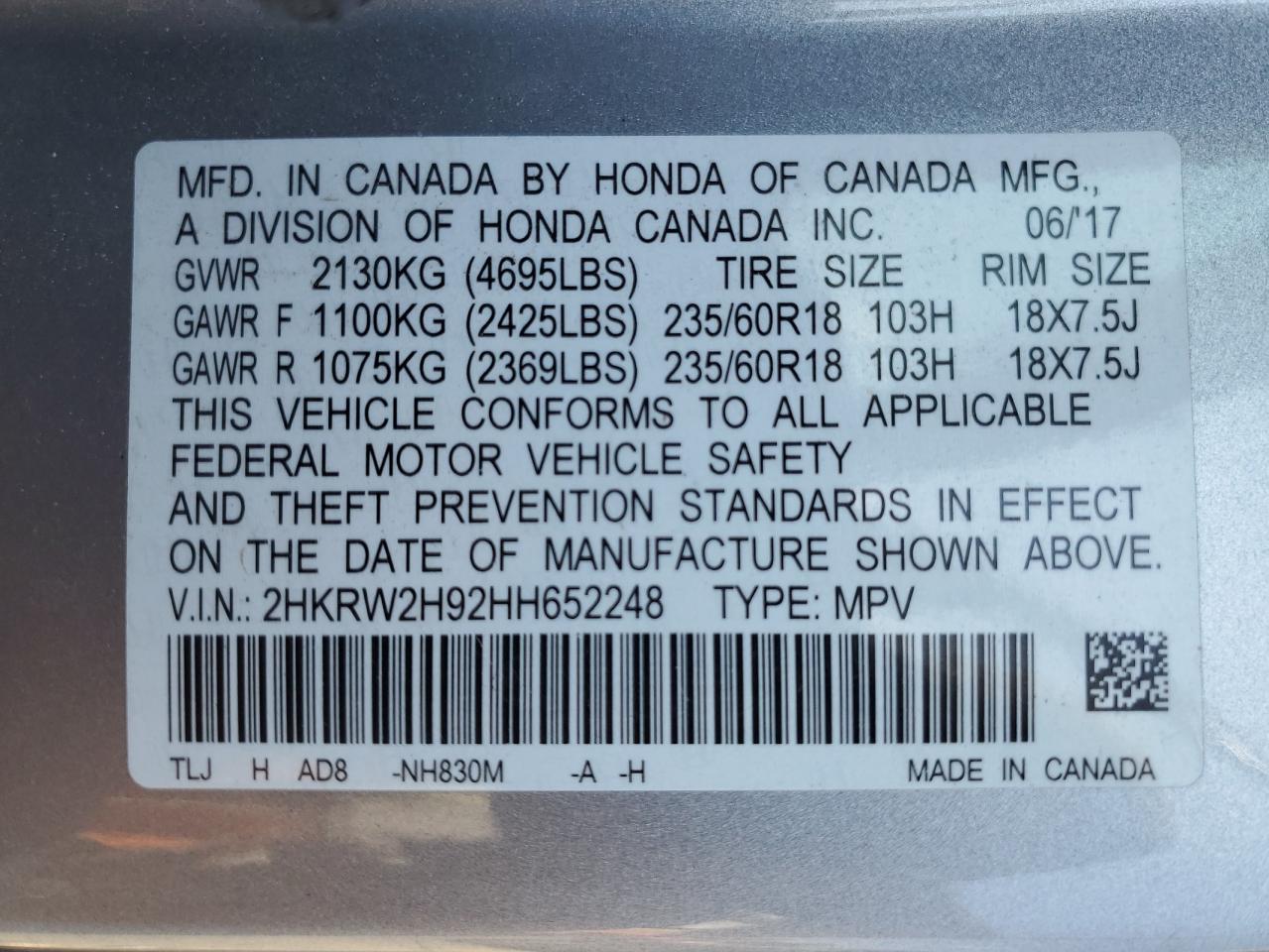 2017 Honda Cr-V Touring VIN: 2HKRW2H92HH652248 Lot: 68189655