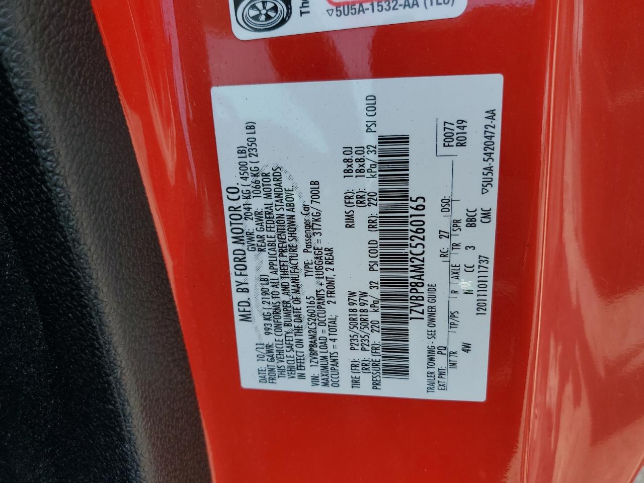 2012 Ford Mustang VIN: 1ZVBP8AM2C5260165 Lot: 69109655