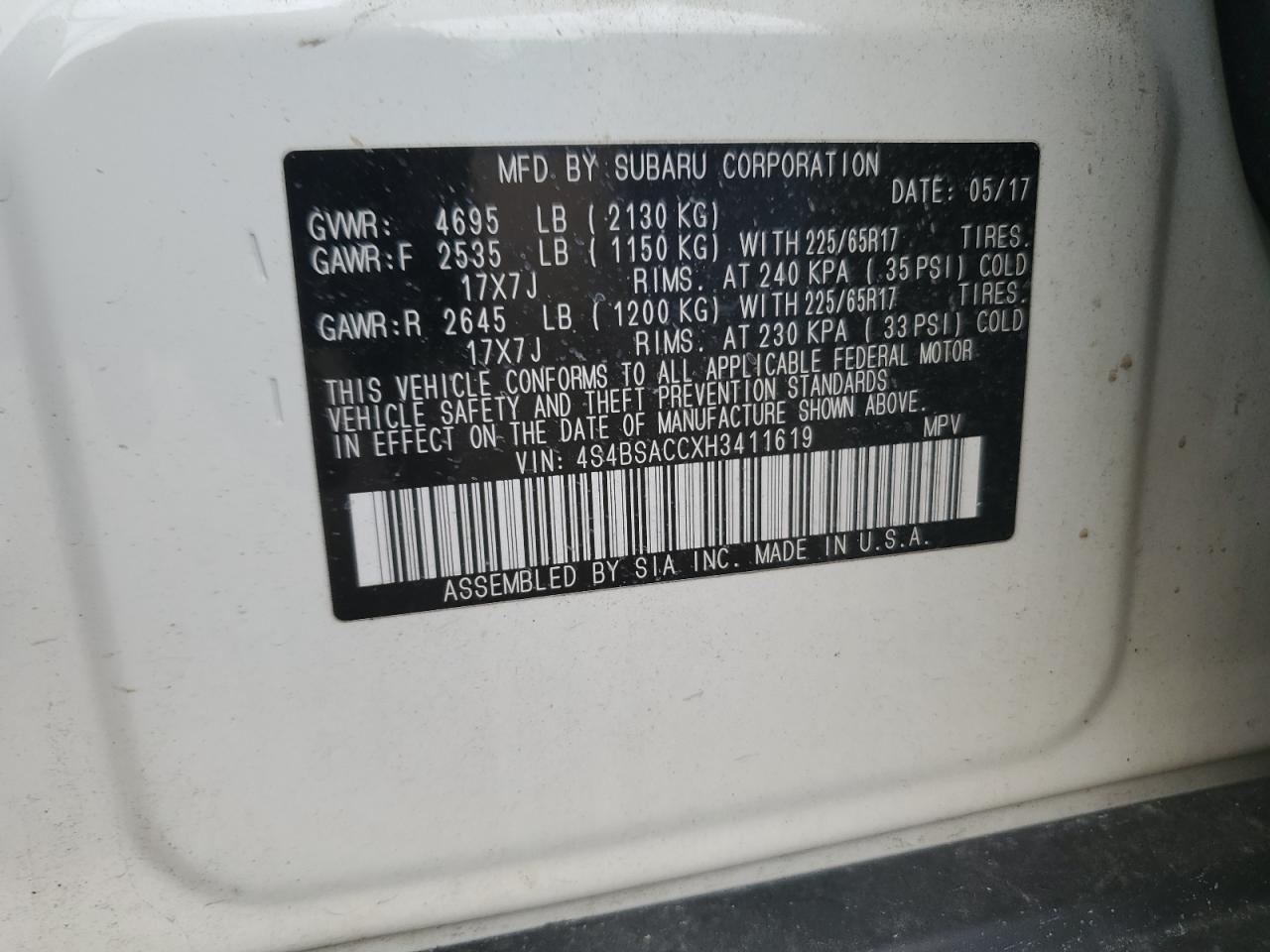 2017 Subaru Outback 2.5I Premium VIN: 4S4BSACCXH3411619 Lot: 67573475