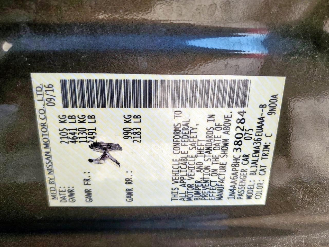 2017 Nissan Maxima 3.5S VIN: 1N4AA6AP8HC380284 Lot: 69636025