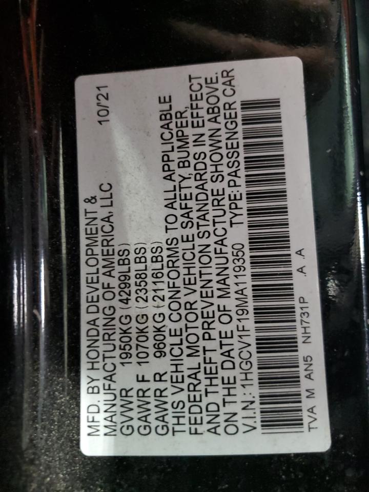 2021 Honda Accord Lx VIN: 1HGCV1F19MA119350 Lot: 68573535