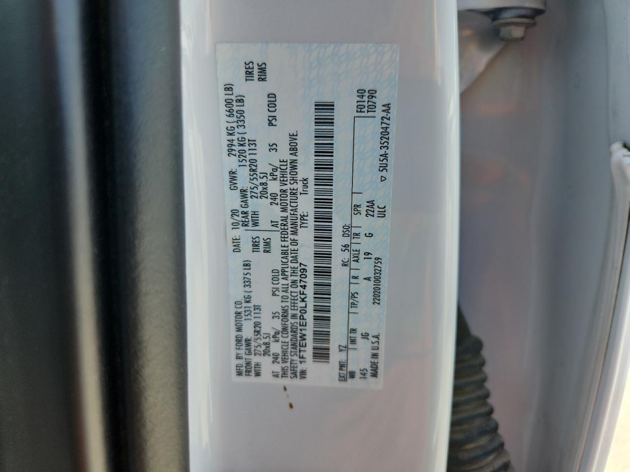 2020 Ford F150 Supercrew VIN: 1FTEW1EP0LKF47097 Lot: 67449455