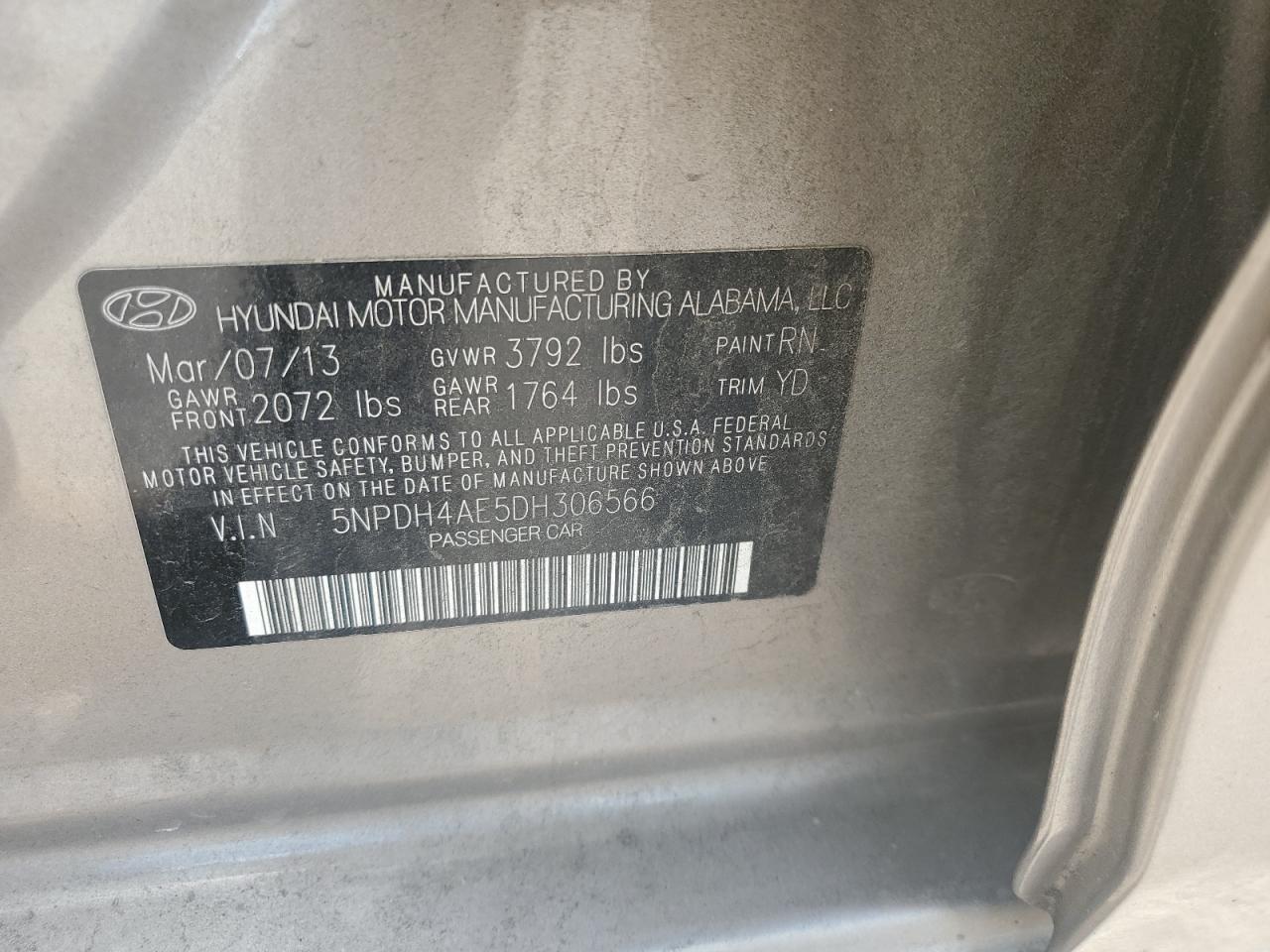 2013 Hyundai Elantra Gls VIN: 5NPDH4AE5DH306566 Lot: 67901225