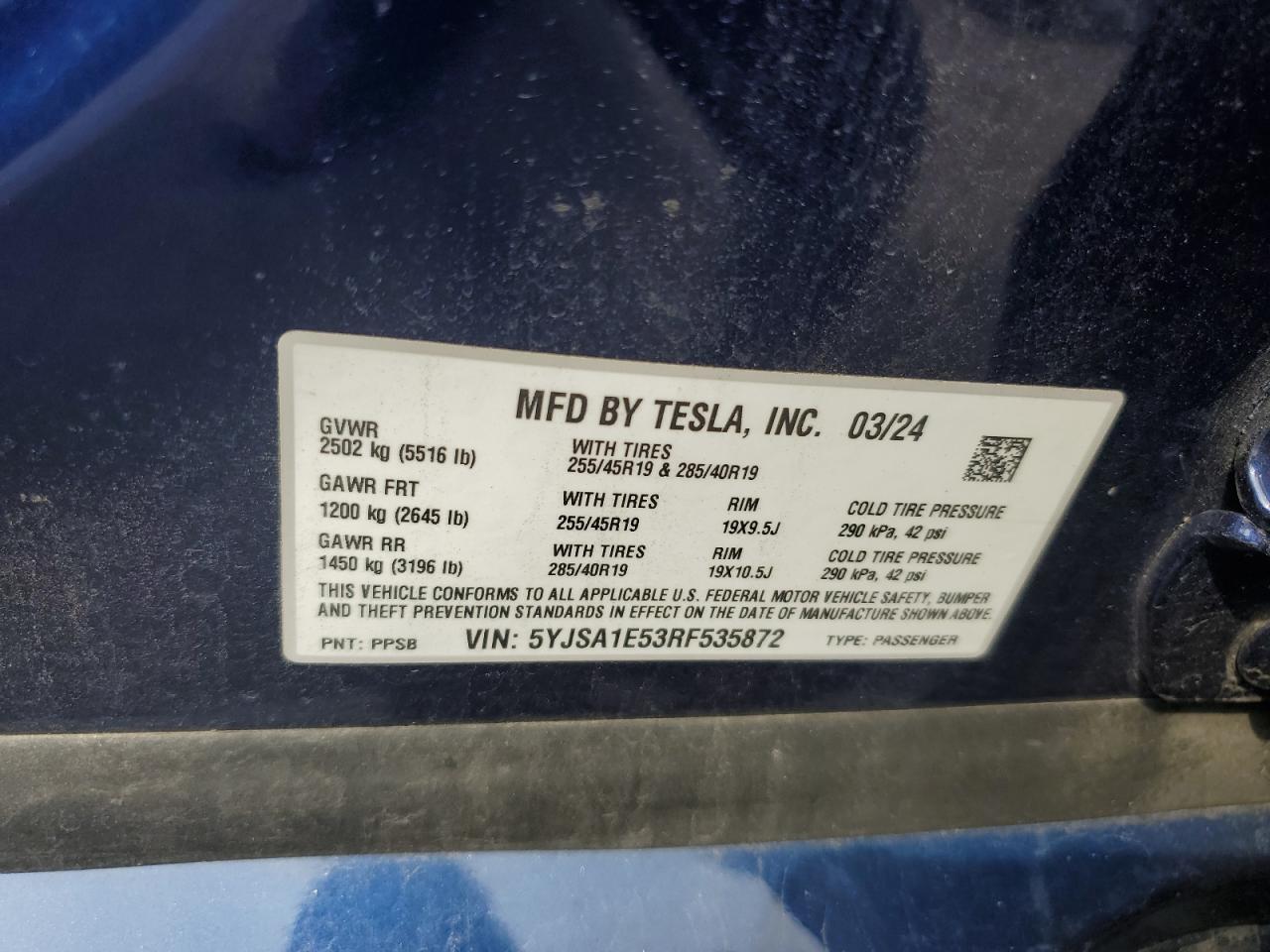 2024 Tesla Model S VIN: 5YJSA1E53RF535872 Lot: 68925595