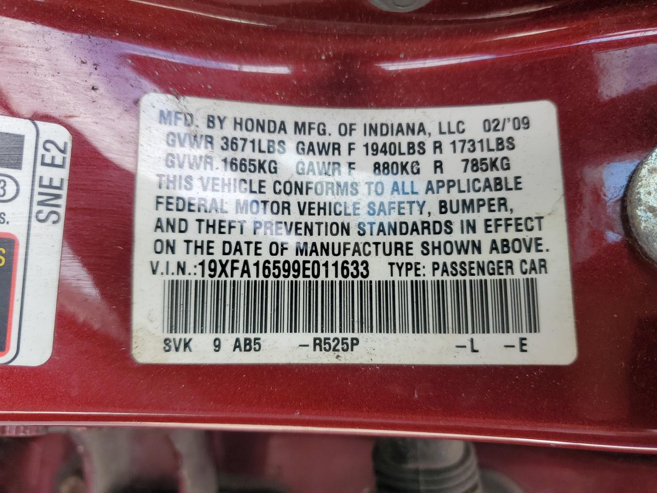 2009 Honda Civic Lx VIN: 19XFA16599E011633 Lot: 70116715