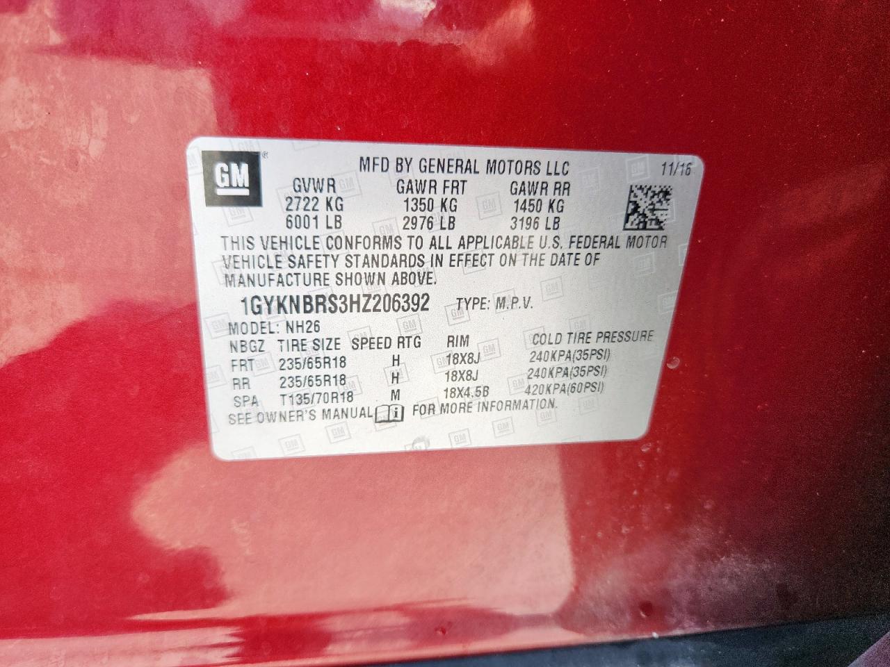 2017 Cadillac Xt5 Luxury VIN: 1GYKNBRS3HZ206392 Lot: 68889255