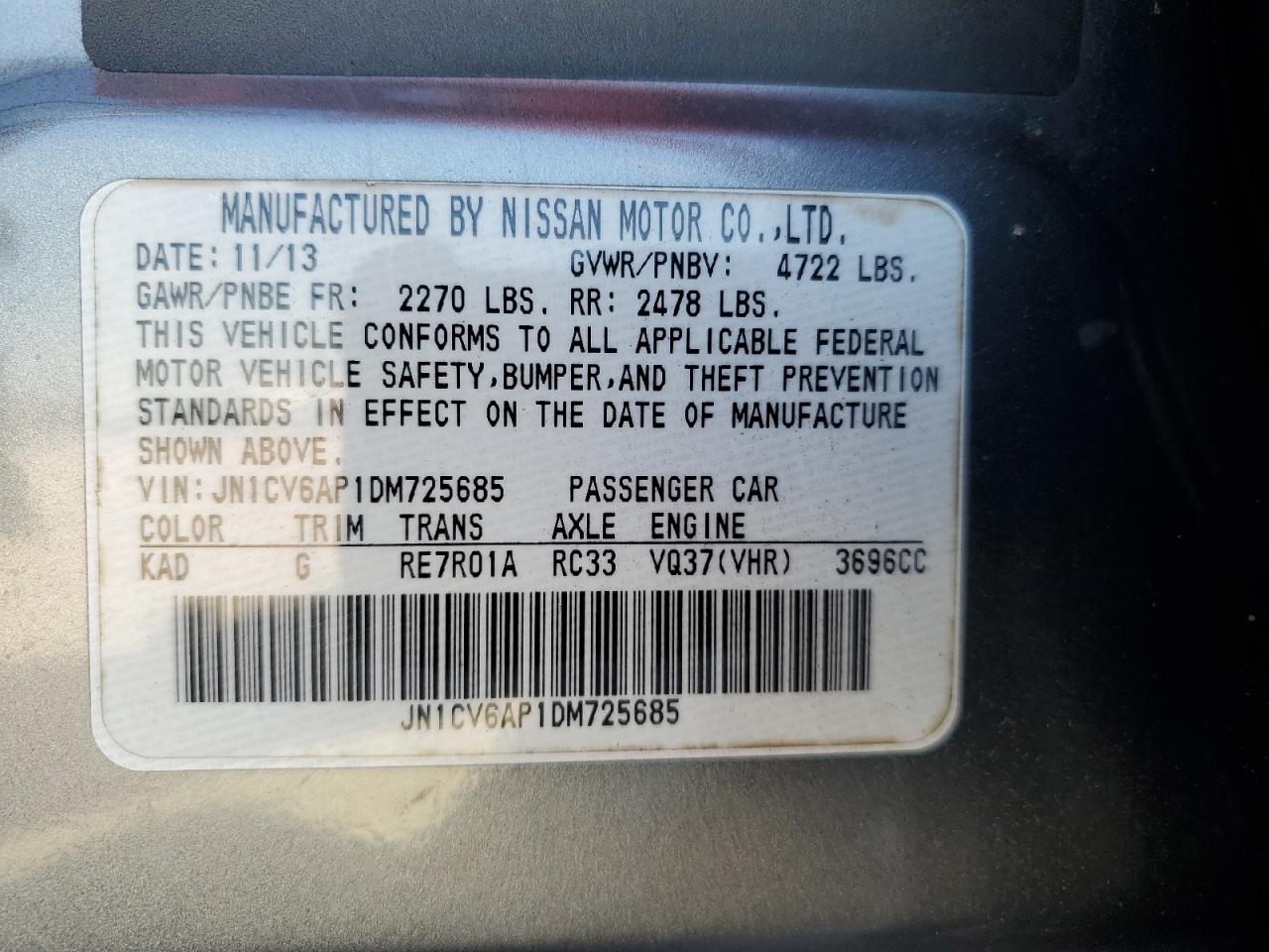 2013 Infiniti G37 Base VIN: JN1CV6AP1DM725685 Lot: 69169455
