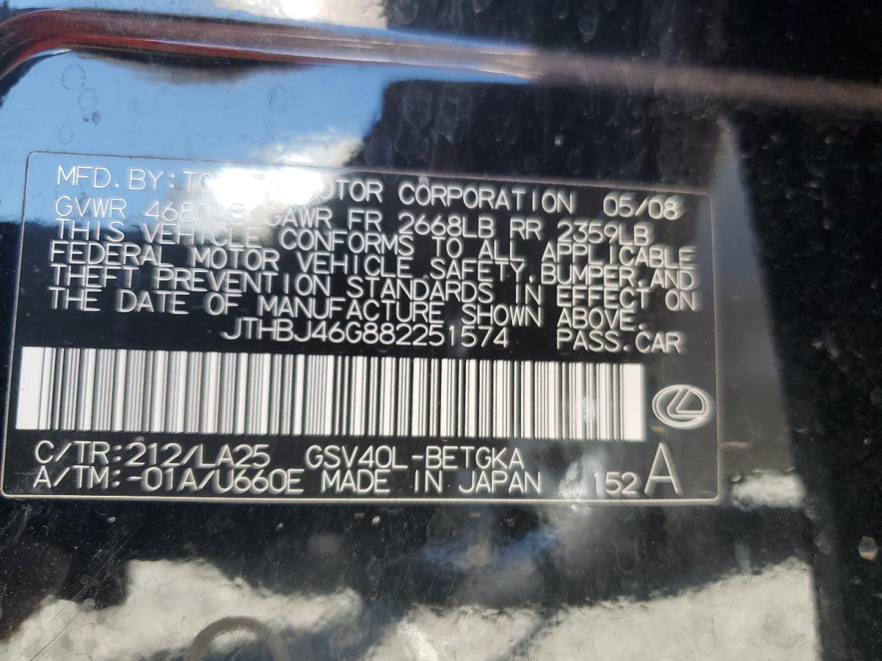 2008 Lexus Es 350 VIN: JTHBJ46G882251574 Lot: 81090565