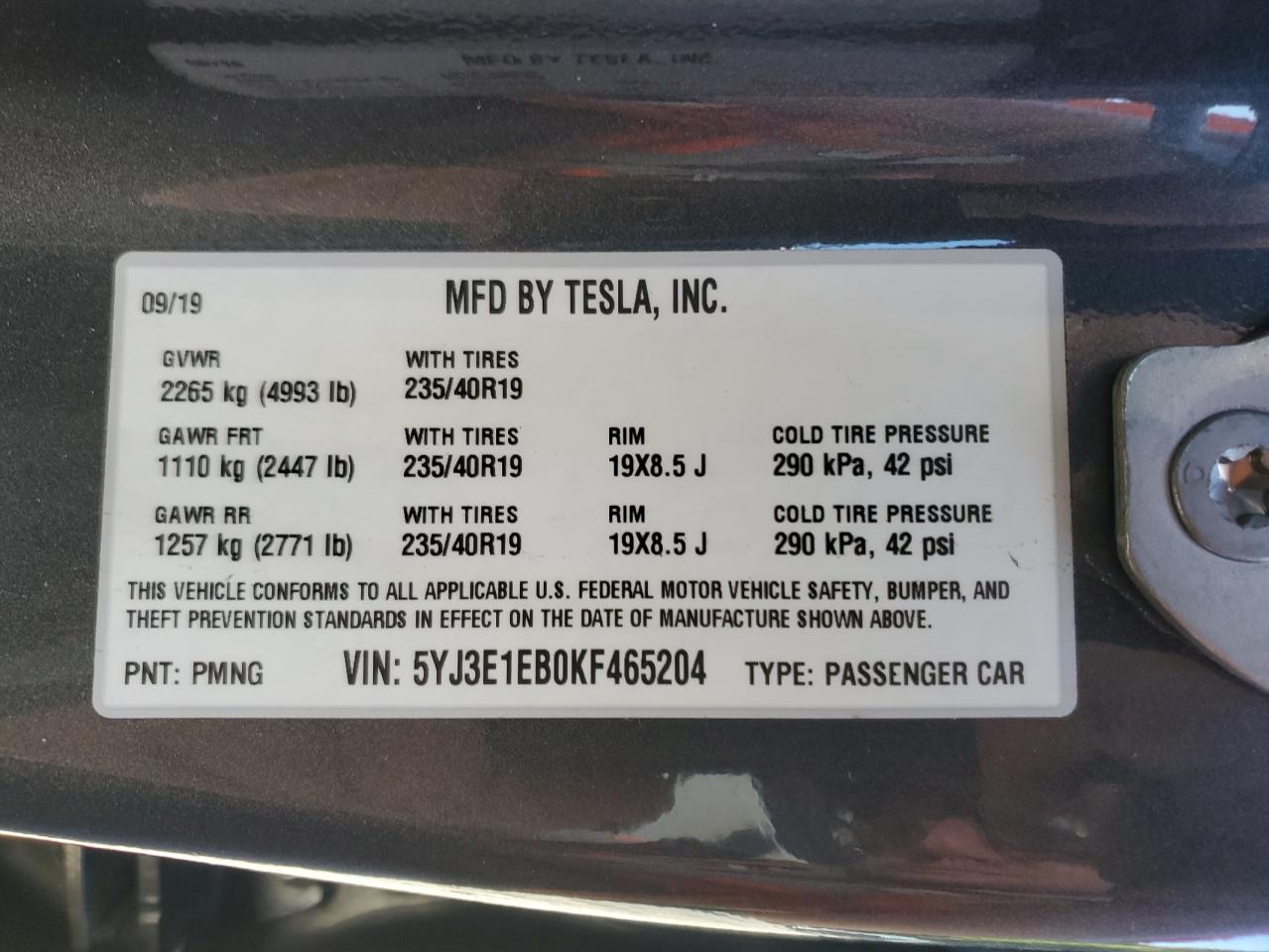2019 Tesla Model 3 VIN: 5YJ3E1EB0KF465204 Lot: 70541375