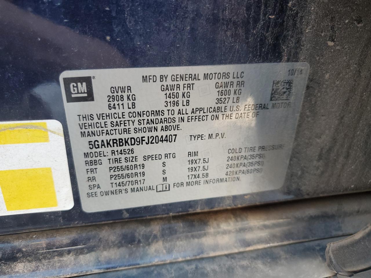 2015 Buick Enclave VIN: 5GAKRBKD9FJ204407 Lot: 68958105