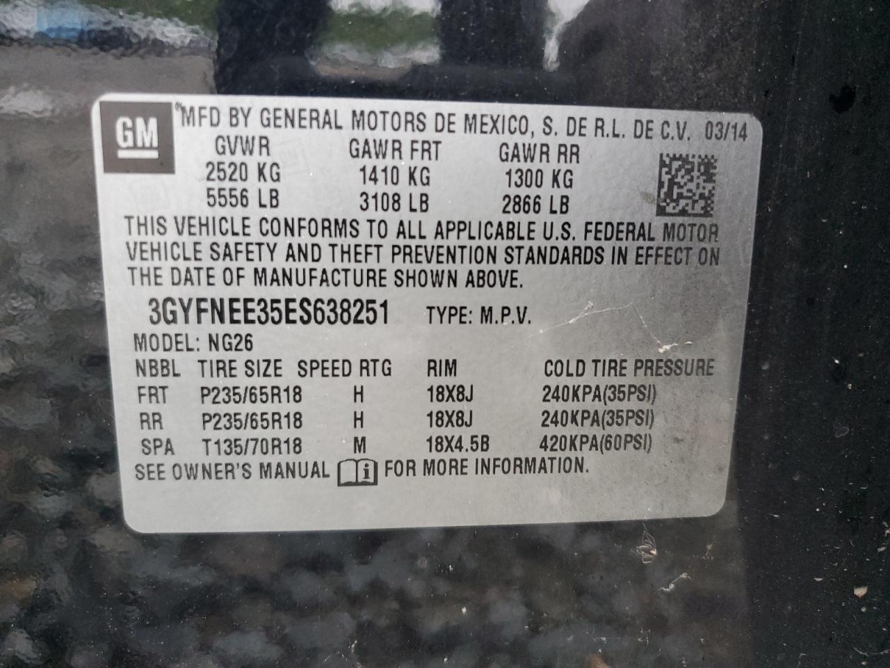 2014 Cadillac Srx Luxury Collection VIN: 3GYFNEE35ES638251 Lot: 67114505