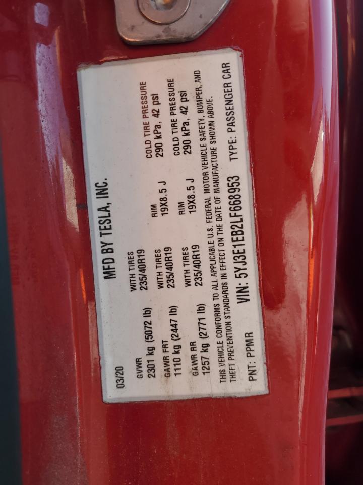 2020 Tesla Model 3 VIN: 5YJ3E1EB2LF668953 Lot: 67897465