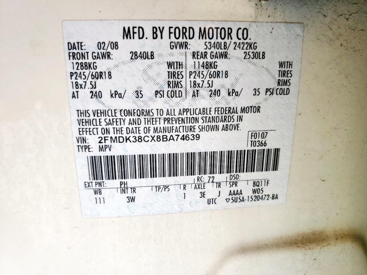 2008 Ford Edge Sel VIN: 2FMDK38CX8BA74639 Lot: 69444465