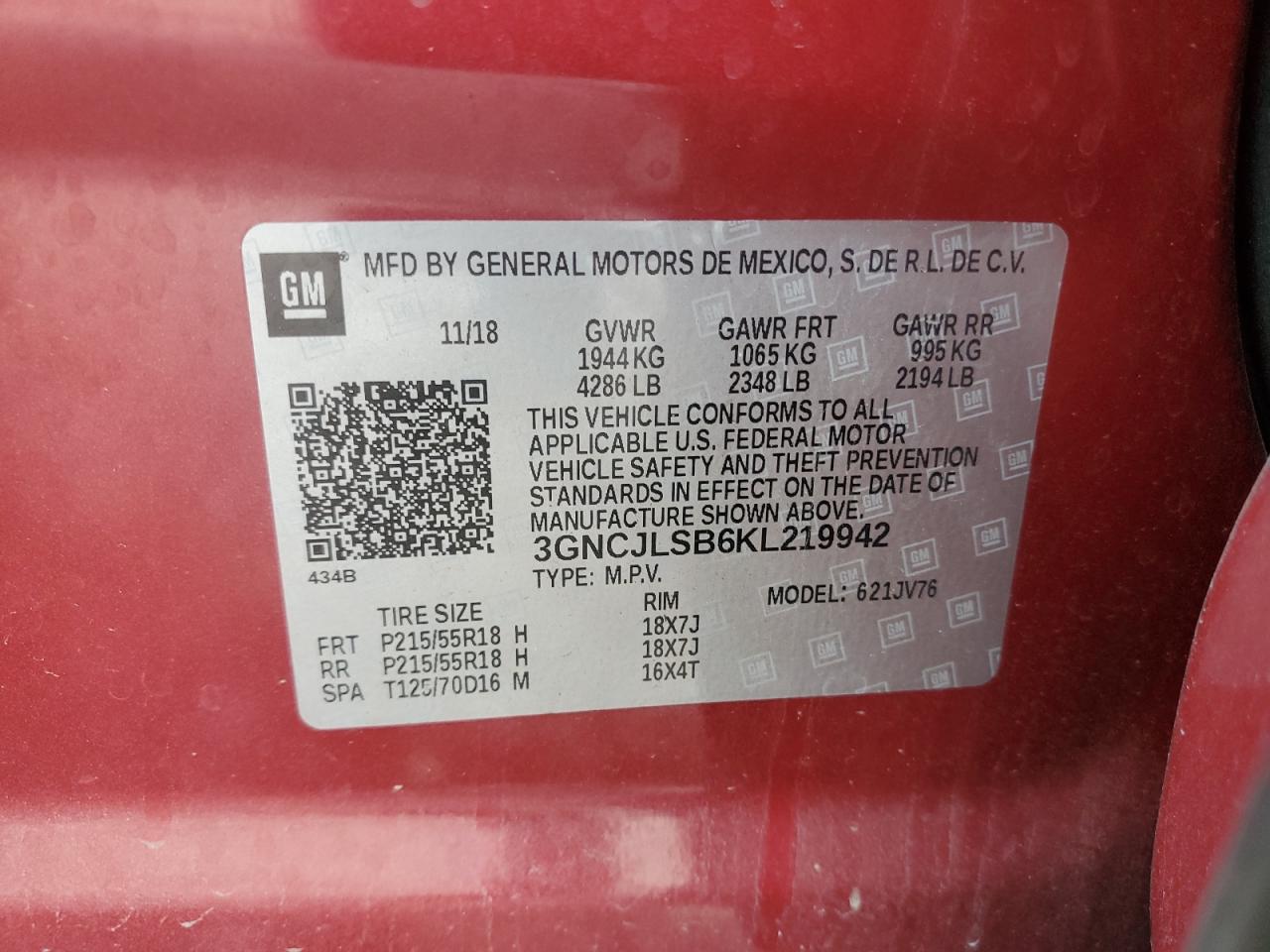 2019 Chevrolet Trax 1Lt VIN: 3GNCJLSB6KL219942 Lot: 68627815