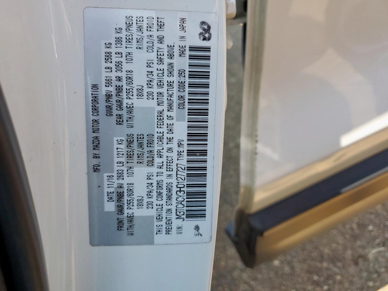 2017 Mazda Cx-9 Touring VIN: JM3TCACY3H0127727 Lot: 68155005