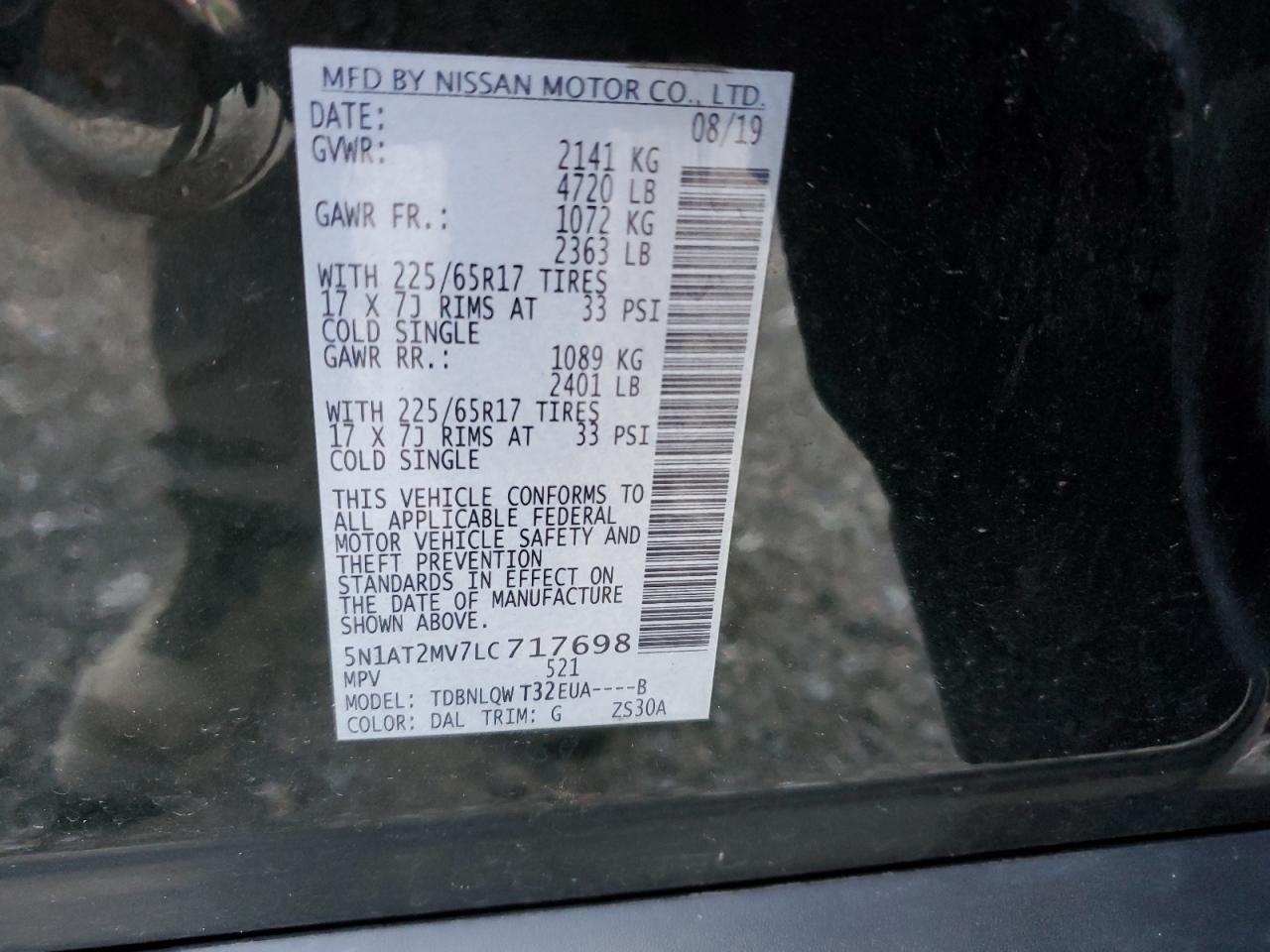 2020 Nissan Rogue S VIN: 5N1AT2MV7LC717698 Lot: 68490535
