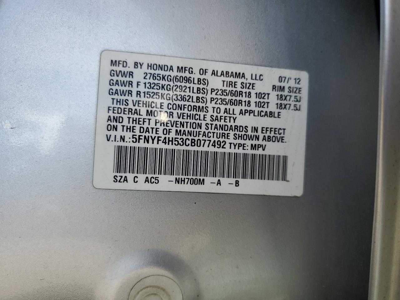 2012 Honda Pilot Exl VIN: 5FNYF4H53CB077492 Lot: 70879885