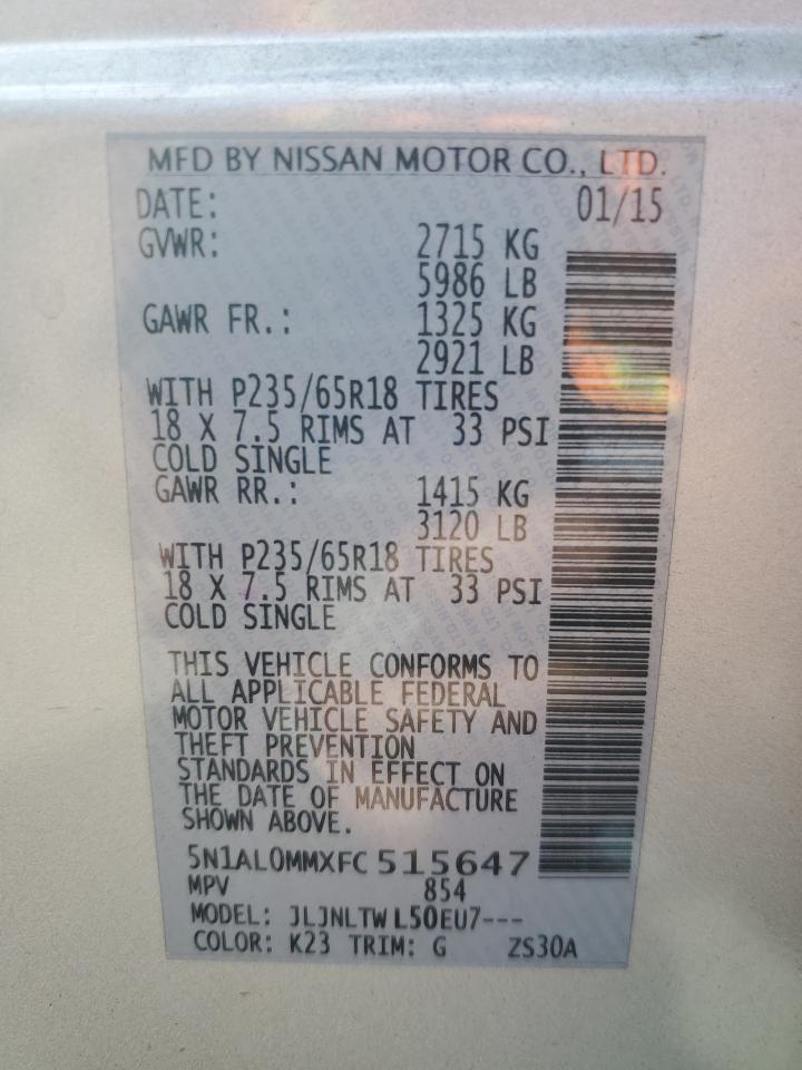 2015 Infiniti Qx60 VIN: 5N1AL0MMXFC515647 Lot: 68801305