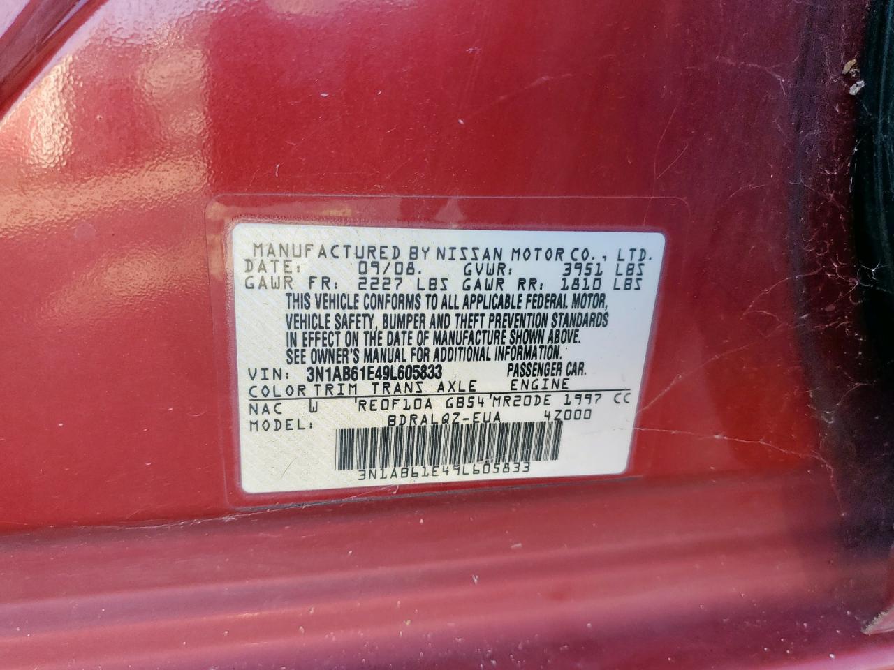 2009 Nissan Sentra 2.0 VIN: 3N1AB61E49L605833 Lot: 68134495