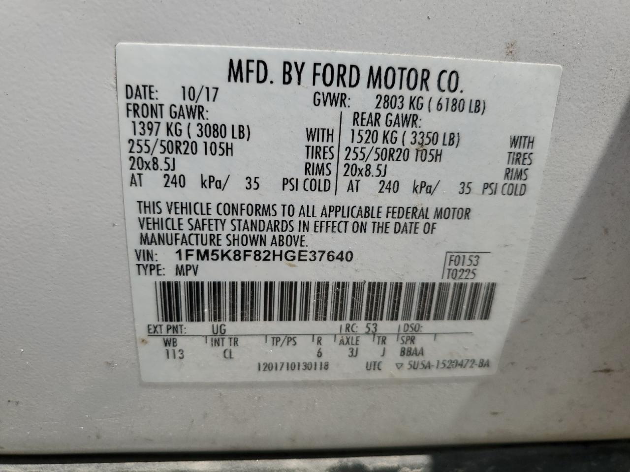 2017 Ford Explorer Limited VIN: 1FM5K8F82HGE37640 Lot: 67784135