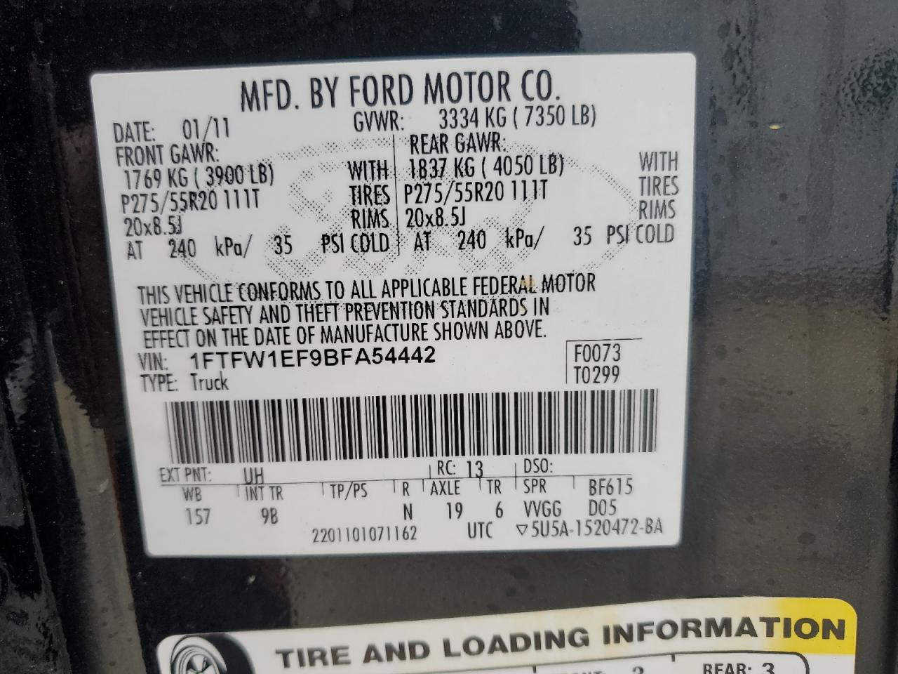 2011 Ford F150 Supercrew VIN: 1FTFW1EF9BFA54442 Lot: 69476615