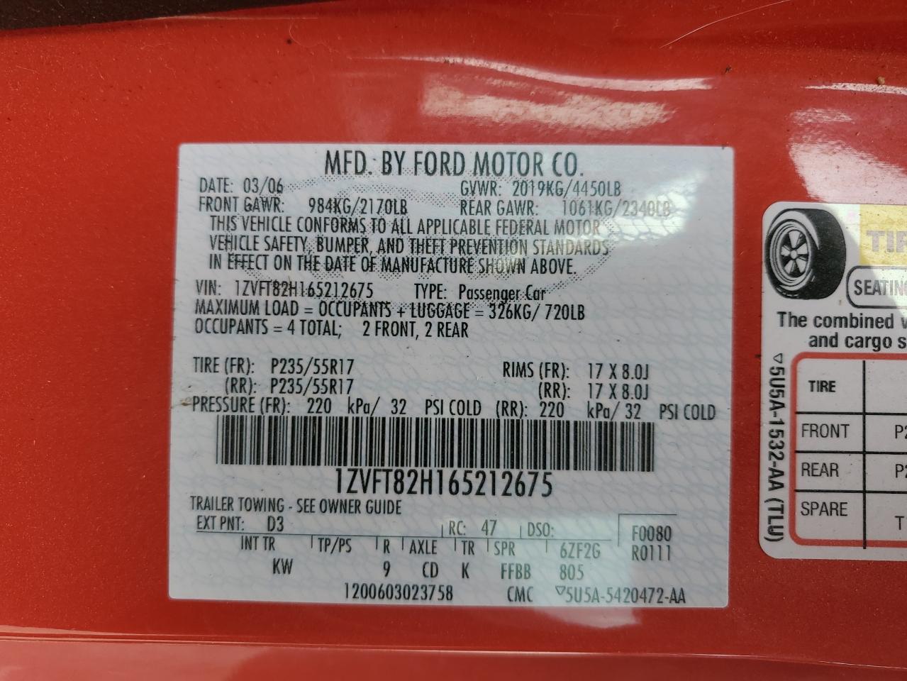 2006 Ford Mustang Gt VIN: 1ZVFT82H165212675 Lot: 70337535