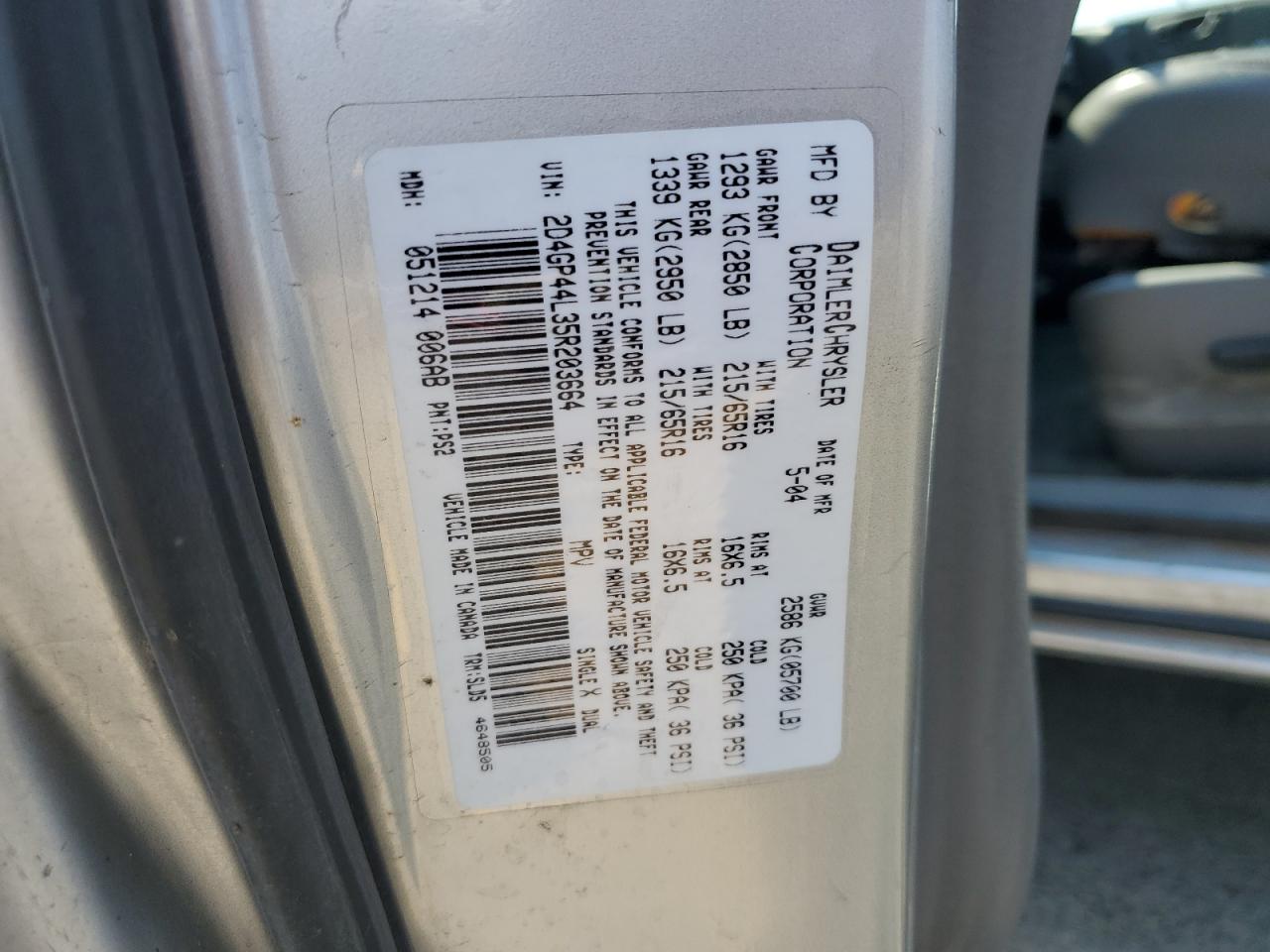 2005 Dodge Grand Caravan Sxt VIN: 2D4GP44L35R203664 Lot: 70753255