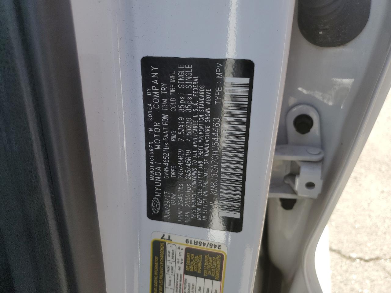 2017 Hyundai Tucson Limited VIN: KM8J33A20HU544463 Lot: 68734175