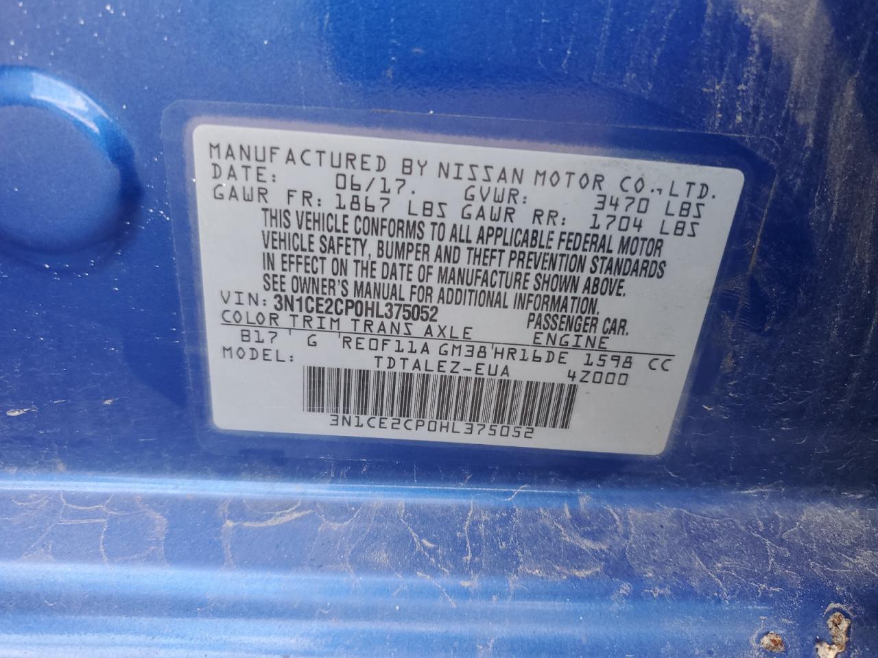 2017 Nissan Versa Note S VIN: 3N1CE2CP0HL375052 Lot: 67518515