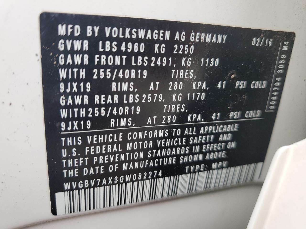 2016 Volkswagen Tiguan S VIN: WVGBV7AX3GW082274 Lot: 69066945