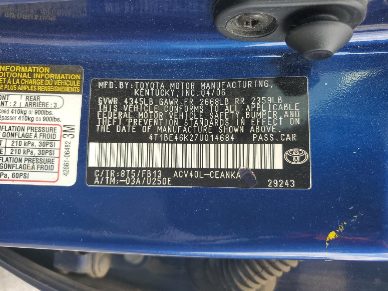 2007 Toyota Camry Ce VIN: 4T1BE46K27U014684 Lot: 67938955