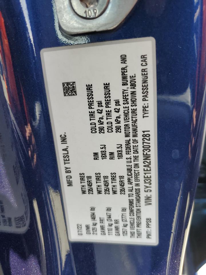 2022 Tesla Model 3 VIN: 5YJ3E1EA2NF307281 Lot: 68118015