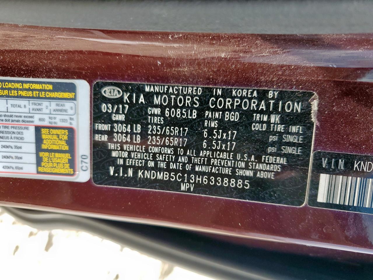 2017 Kia Sedona Lx VIN: KNDMB5C13H6338885 Lot: 70347235