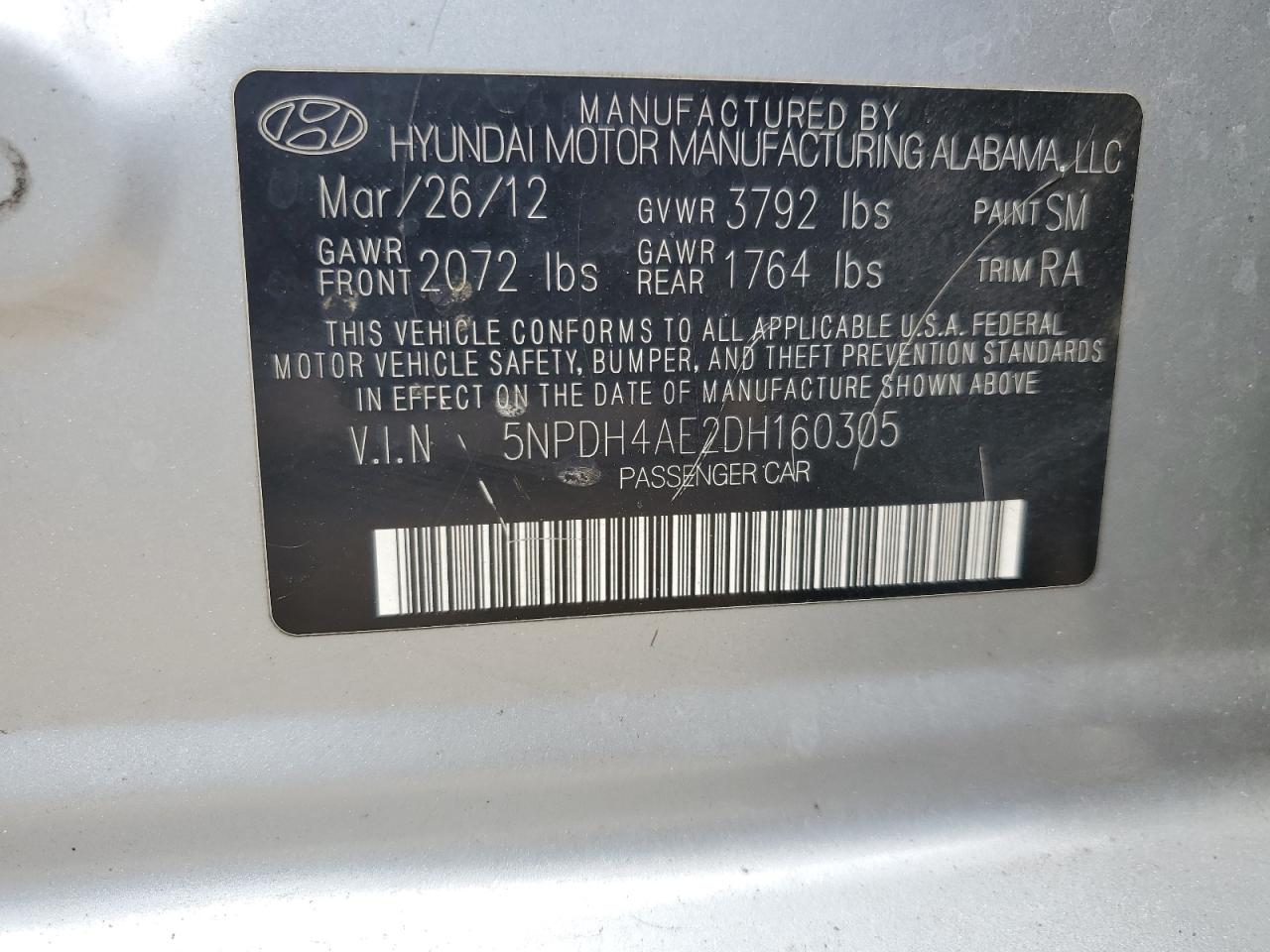 2013 Hyundai Elantra Gls VIN: 5NPDH4AE2DH160305 Lot: 65367315