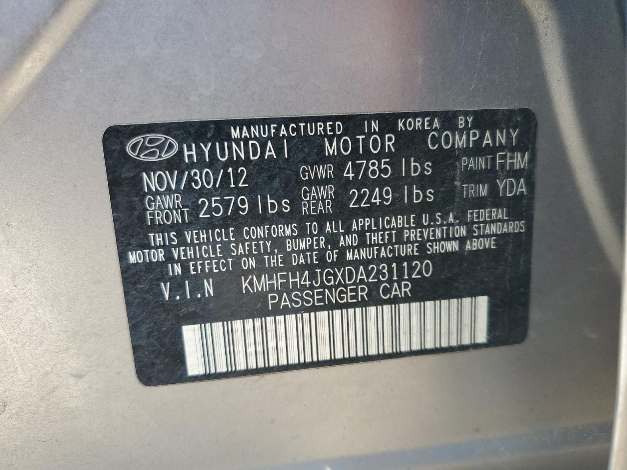 2013 Hyundai Azera Gls VIN: KMHFH4JGXDA231120 Lot: 67377255