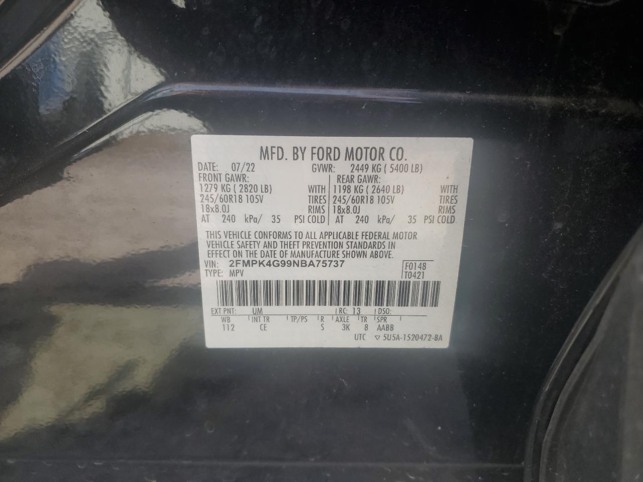 2022 Ford Edge Se VIN: 2FMPK4G99NBA75737 Lot: 70269075