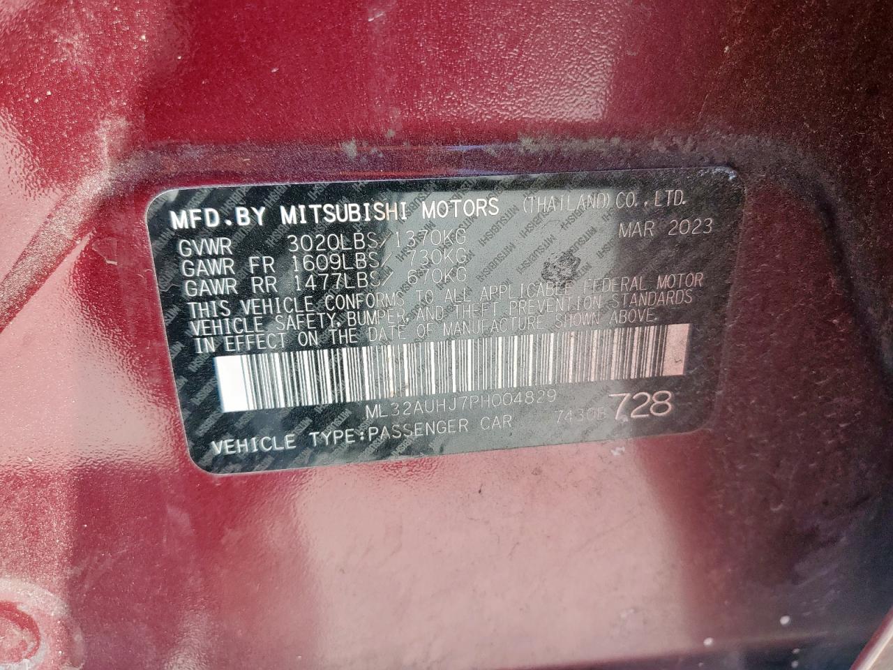 2023 Mitsubishi Mirage Es VIN: ML32AUHJ7PH004829 Lot: 69970565