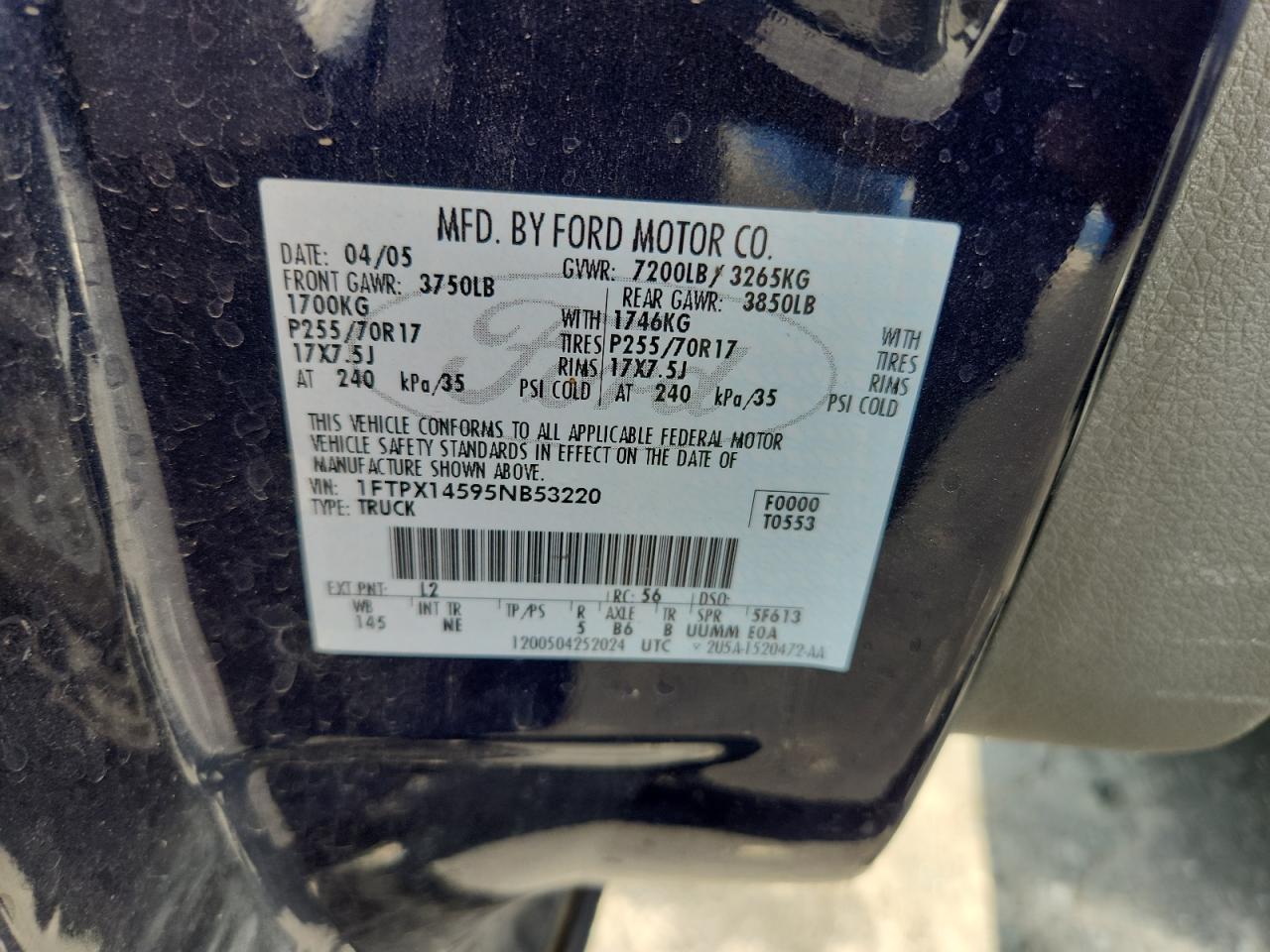 2005 Ford F150 VIN: 1FTPX14595NB53220 Lot: 67708905